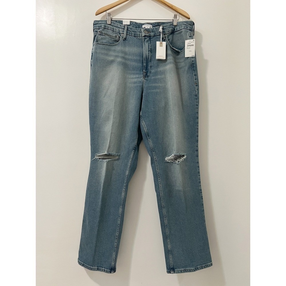 Good American Good Icon Straight High Rise Jeans Distressed Light Wash 16 Plus